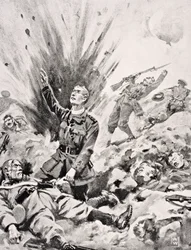 Reverend John Gwynn chaplain to Irish Guards giving Last Sacrament to dying German soldier just before he himself was killed on Hill 70 at Battle of Loos, France, October, 1915, from 